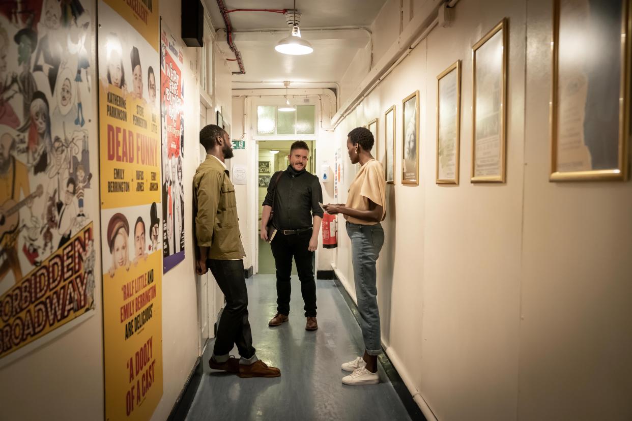 Ivanno Jeremiah, Michael Longhurst and Sheila Atim backstage (Marc Brenner/PA)