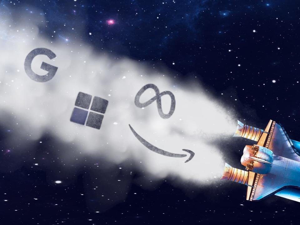 Spaceship with smoke coming out and Google, Meta, Microsoft, and Amazon logos in smoke 4x3