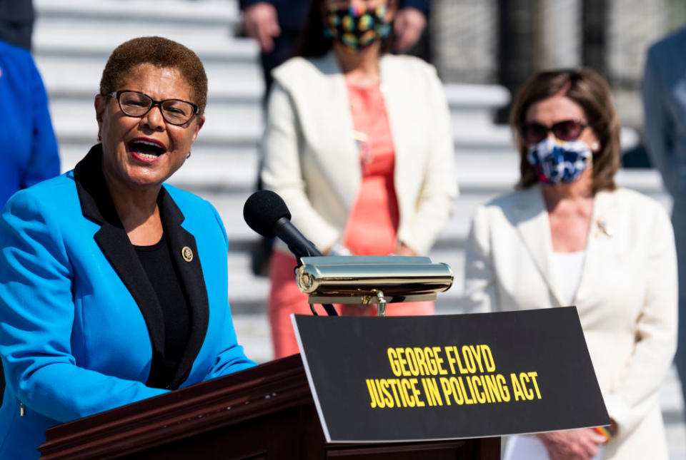 Congressional Black Caucus Chair Rep. Karen Bass, D-Calif., speaks as then-Speaker of the House Nancy Pelosi, D-Calif., and House Democrats gather for a press event on the House steps ahead of the vote on the George Floyd Justice in Policing Act of 2020 on June 25, 2020.<span class="copyright">Bill Clark/CQ-Roll Call, Inc—Getty Images</span>