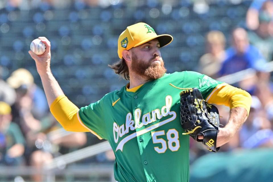 Oakland Athletics starting pitcher Paul Blackburn (58) throws in the first inning against the Chicago Cubs during a spring training game Wednesday, March 20, 2024, at Hohokam Stadium in Mesa, Arizona.