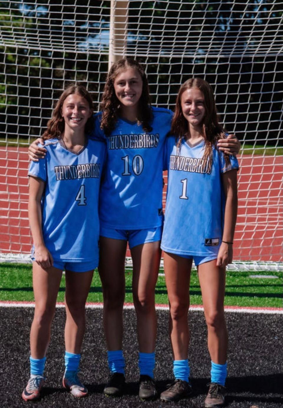 Mahwah’s Taylor Tremblay (4), Marissa LaVerghetta (10) and Devon Tremblay (1) join together in the midfield this season.