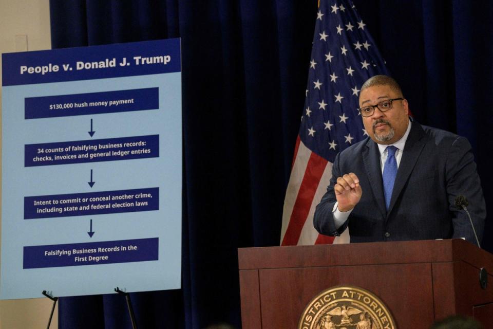 Manhattan District Attorney Alvin Bragg speaks during a press conference to discuss his indictment of former President Donald Trump (AFP via Getty Images)