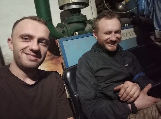 Oleh and Bohdan in a bunker at the Azovstal steel plant on April 27, 2022.