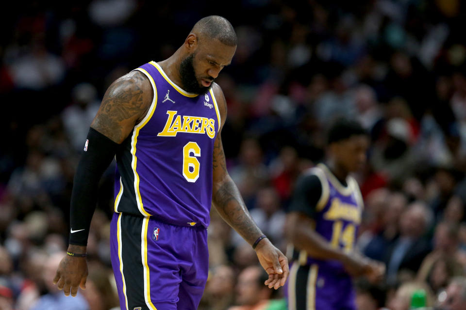 Mar 27, 2022; New Orleans, Louisiana, USA; Los Angeles Lakers forward LeBron James (6) walks off the court at the end of the second quarter of their game against the New Orleans Pelicans at the Smoothie King Center. Mandatory Credit: Chuck Cook-USA TODAY Sports