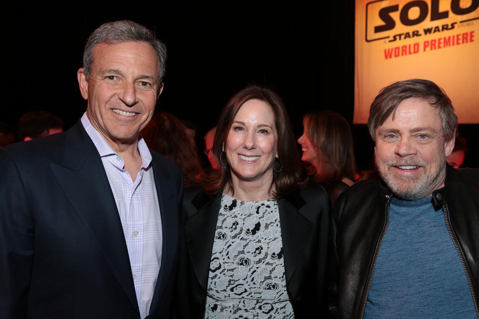 <p>Disney’s Bob Iger with Lucasfilm chief Kathleen Kennedy and Mark Hamill. (2018 Getty Images) </p>