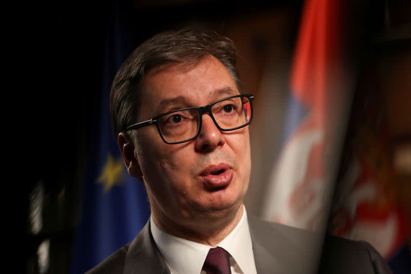 Serbian President Aleksandar Vucic speaks during an interview with Reuters in Belgrade