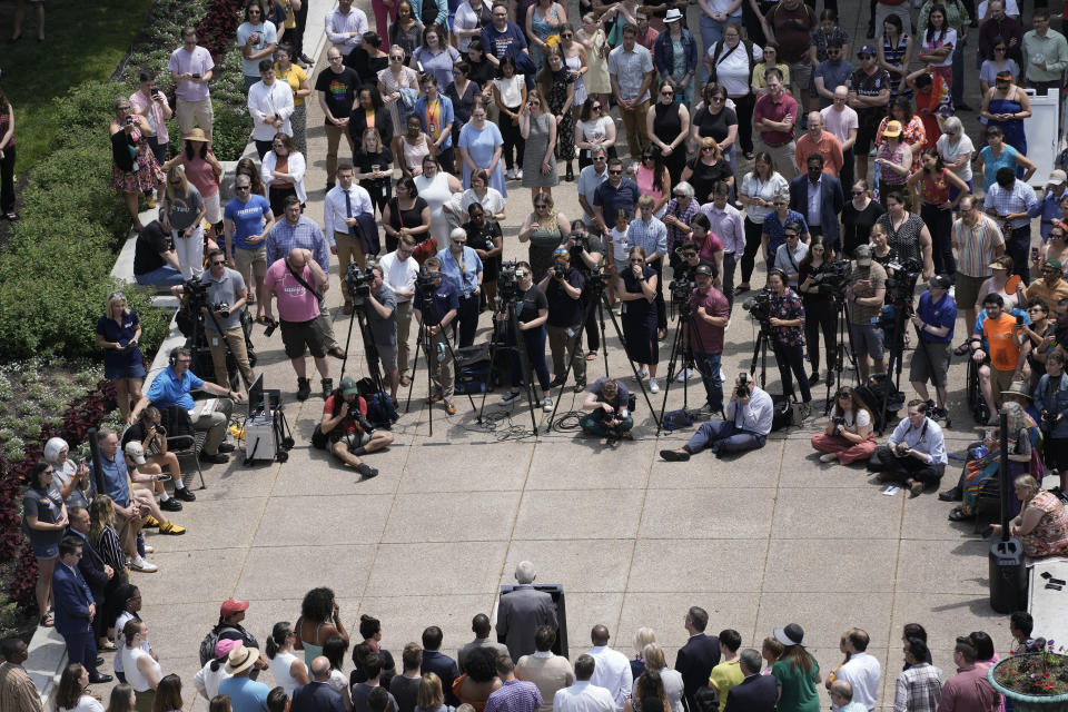 Wisconsin Gov. Tony Evers speaks at the fifth annual Pride Month celebration as they prepare to raise the Pride Flag at the Wisconsin State Capitol Thursday, June 1, 2023, in Madison, Wis. (AP Photo/Morry Gash)