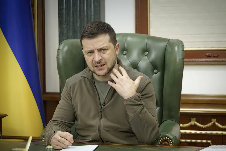 In this image from video provided by the Ukrainian Presidential Press Office and posted on Facebook early Saturday, March 12, 2022, Ukrainian President Volodymyr Zelenskyy speaks in Kyiv, Ukraine. (Ukrainian Presidential Press Office via AP)