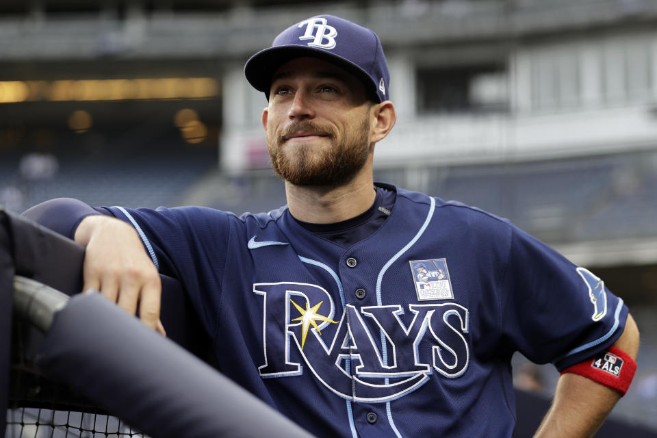 NEW YORK, NY - JUNE 2: Brandon Lowe #8 of the Tampa Bay Rays looks on before taking on the New York Yankees at Yankee Stadium on June 2, 2021 in the Bronx borough of New York City. (Photo by Adam Hunger/Getty Images)