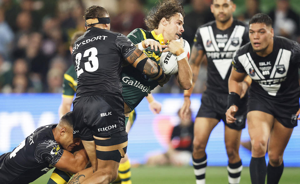 Nicho Hynes, pictured here in action for the Kangaroos against New Zealand in the Pacific Championships. 