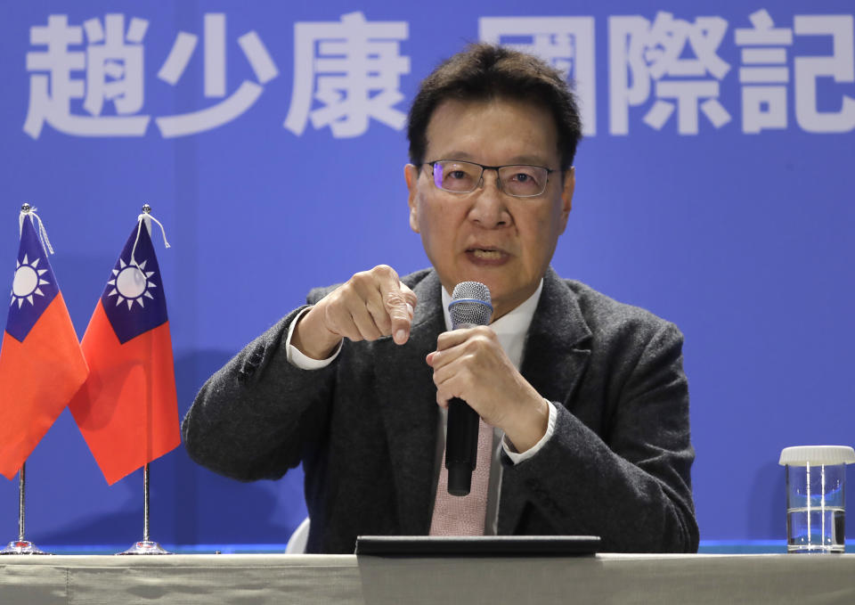 Taiwan's Nationalist Party vice presidential candidate Jaw Shau-kong answers to a question during an international press conference in New Taipei, Taiwan, Thursday, Jan. 11, 2024. Taiwan will hold its presidential election on Jan. 13. (AP Photo/Chiang Ying-ying)