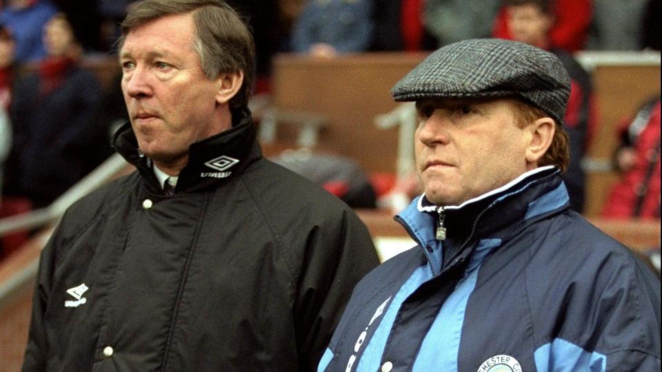 Sir Alex Ferguson and Alan Ball stand next to each other in the fifth round of the 1996 FA Cup