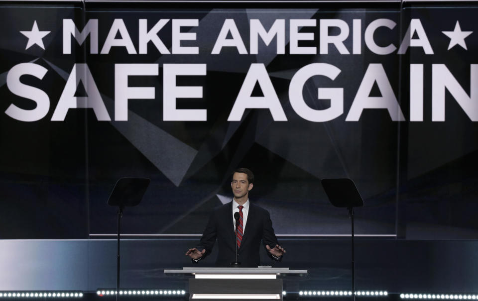 U.S. Senator Tom Cotton of Arkansas speaks about military issues and his military service at the Republican National Convention in Cleveland, Ohio, U.S. July 18, 2016. (Photo: Mike Segar / Reuters)