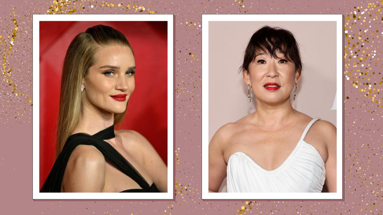  Rosie Huntington-Whiteley  and Sandra Oh are pictured wearing red lipstick in a two-picture, mauve and gold glitter template. 