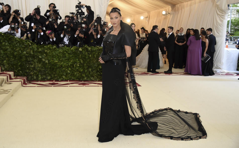 Bella Hadid attends The Metropolitan Museum of Art’s Costume Institute benefit gala celebrating the opening of the Heavenly Bodies: Fashion and the Catholic Imagination exhibition on Monday, May 7, 2018, in New York. (Photo by Evan Agostini/Invision/AP)