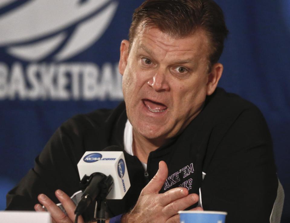 Stephen F. Austin coach Brad Underwood talks about his team's third-round game against UCLA on Sunday in the NCAA college basketball tournament, at a news conference Saturday, March 22, 2014, in San Diego. (AP Photo/Lenny Ignelzi)