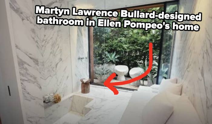 arrow pointing to an in-ground marble bathtub in Ellen Pompeo's home