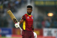 West Indies Shai Hope reacts to crowd while he walks back to pavilion after his dismissal during the first one day international cricket match between Pakistan and West Indies at the Multan Cricket Stadium, in Multan, Pakistan, Wednesday, June 8, 2022. (AP Photo/Anjum Naveed)