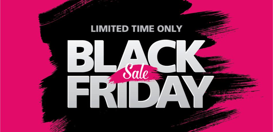 Black Friday sale marketing splash in black, white, and pink.