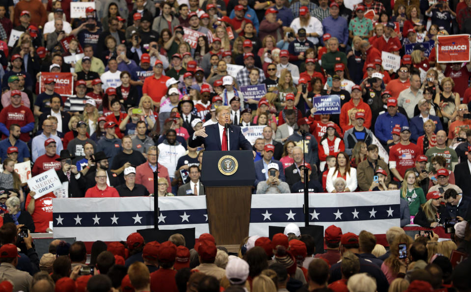 President Donald Trump speaks at a campaign rally, Monday, Nov. 5, 2018, in Cleveland. (AP Photo/Tony Dejak)