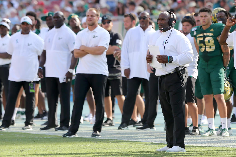 TAMPA, FL - SEPTEMBER 28: USF Head Coach Charlie Strong looks at his defense during the College Football game between the SMU Mustangs and the South Florida Bulls on September 28, 2019 at Raymond James Stadium in Tampa, FL. (Photo by Cliff Welch/Icon Sportswire via Getty Images)