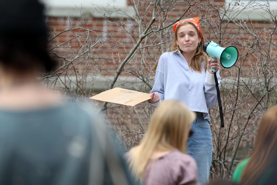 Tess Olszewski, co-president of the UNH Planned Parenthood Generation Action, speaks to the crowd at Thompson Hall on Friday, May 6, 2022, during a rally to show support for reproductive rights.