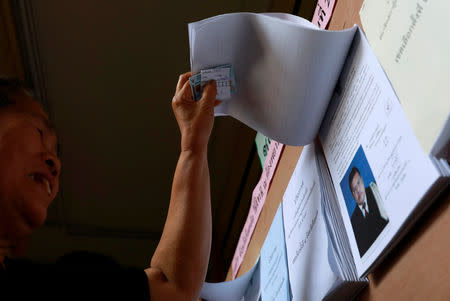 A woman looks at the candidate list of the upcoming Thai election at a polling station in Bangkok, Thailand, March 17, 2019. REUTERS/Soe Zeya Tun