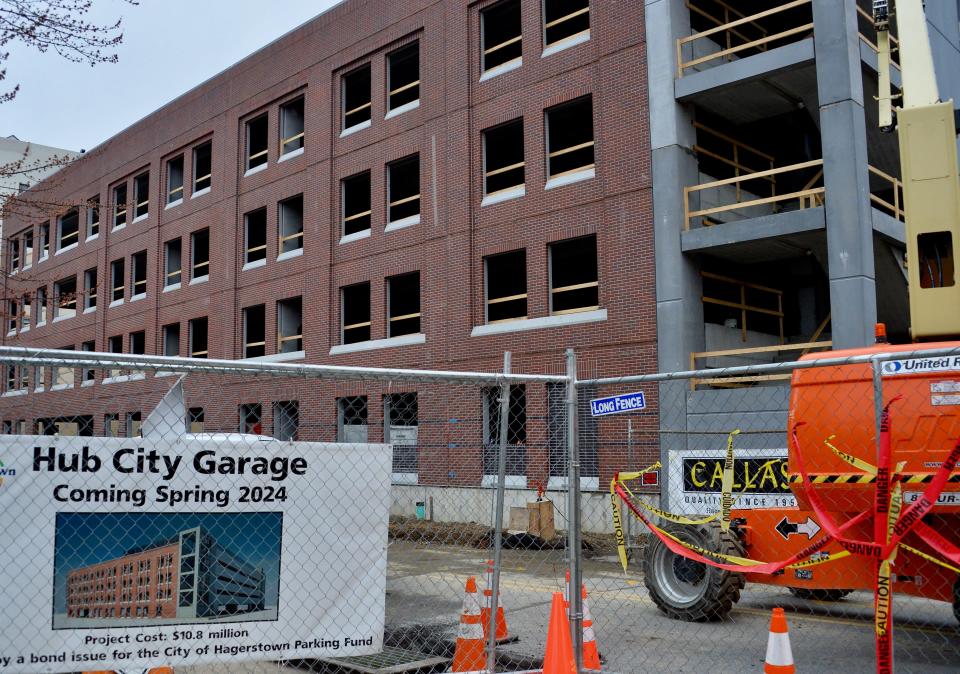 Construction on the Hub City Garage in downtown Hagerstown on March 5, 2024. Hagerstown City Engineer Jim Bender said the parking deck is expected to open in mid to late June.