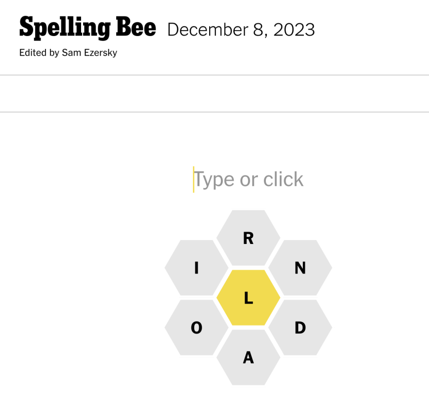 <em>Spelling Bee game on Friday, December 8, 2023</em><p>The New York Times</p>