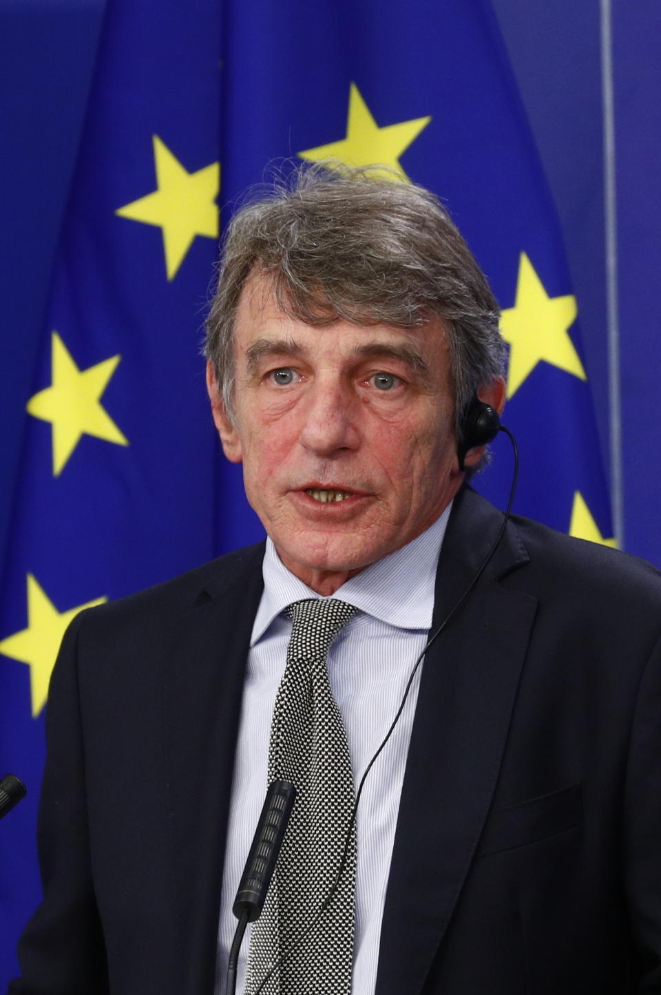 European Parliament President David Sassoli talks during a news conference following the recovery financial plan deal at the EU leaders summit, at the European Parliament in Brussels, Wednesday, July 22, 2020. After four days and nights of wrangling, exhausted European Union leaders finally clinched a deal on an unprecedented 1.8 trillion-euro (dollars 2.1 trillion) budget and coronavirus recovery fund early Tuesday, after one of their longest summits ever. (Francois Lenoir, Pool Photo via AP)