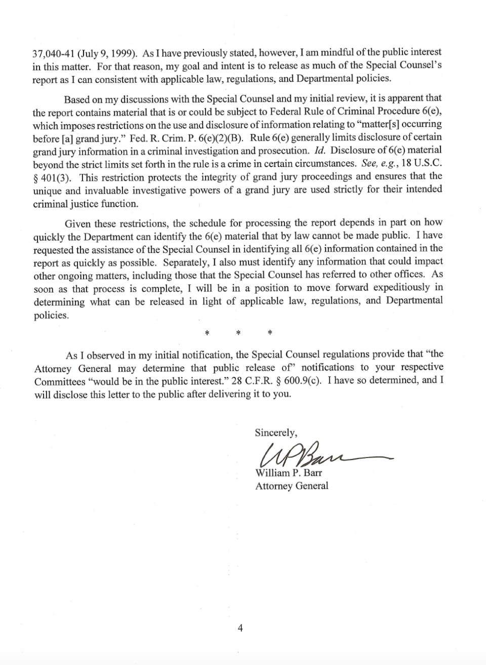 Page 4 of Attorney General William Barr's letter to Congress on Special Counsel Robert Mueller's report.