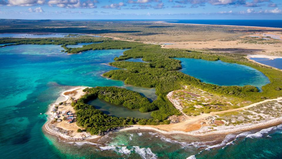 An overhead landscape shot of land and water in Bonaire