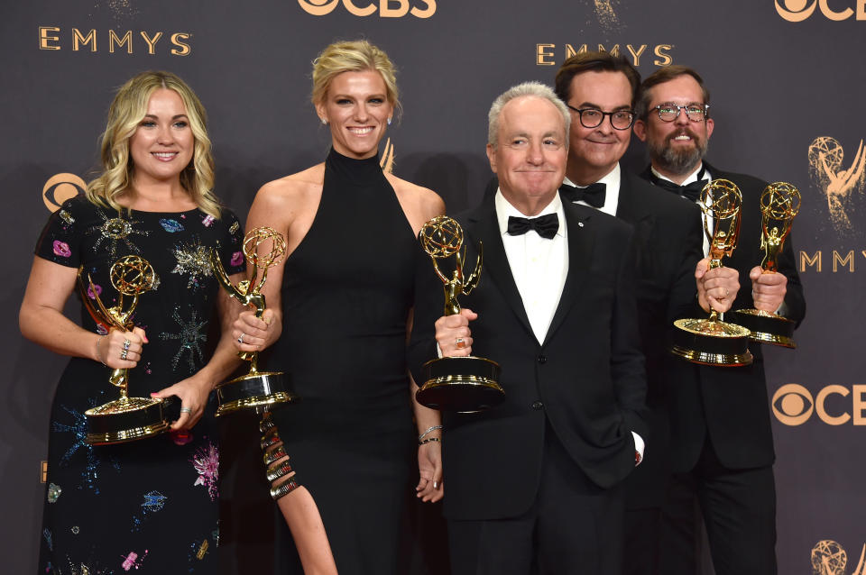 Lindsay Shookus and the <em>SNL </em>team pose with their Emmys on Sept. 17, 2017, in Los Angeles. (Photo: Getty Images)