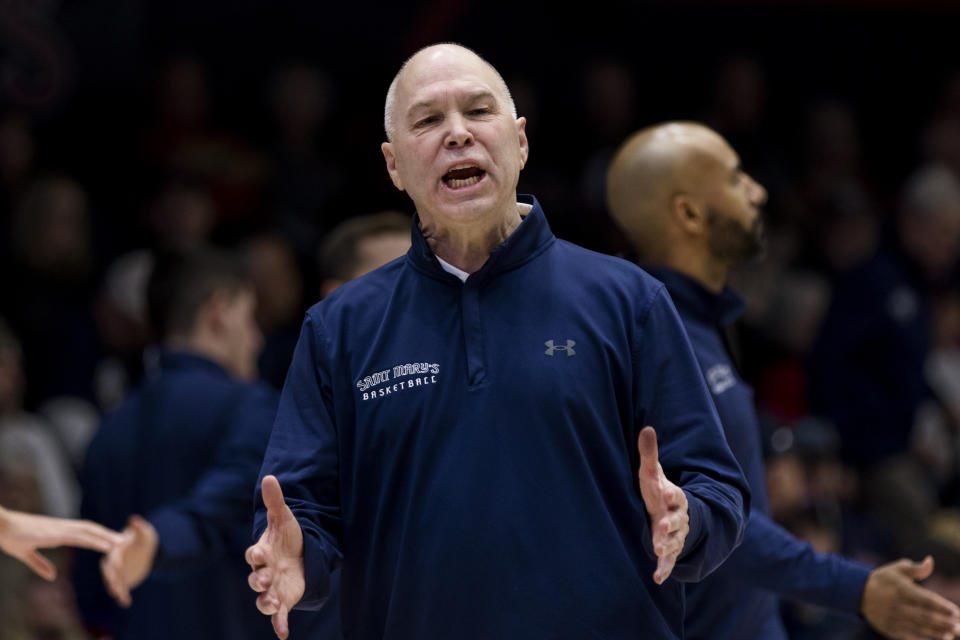 Saint Mary's coach Randy Bennett reacts during a break in the second half of the team's NCAA college basketball game against San Diego in Moraga, Calif., Saturday, Feb. 24, 2024. Saint Mary's won 88-62. (AP Photo/John Hefti)