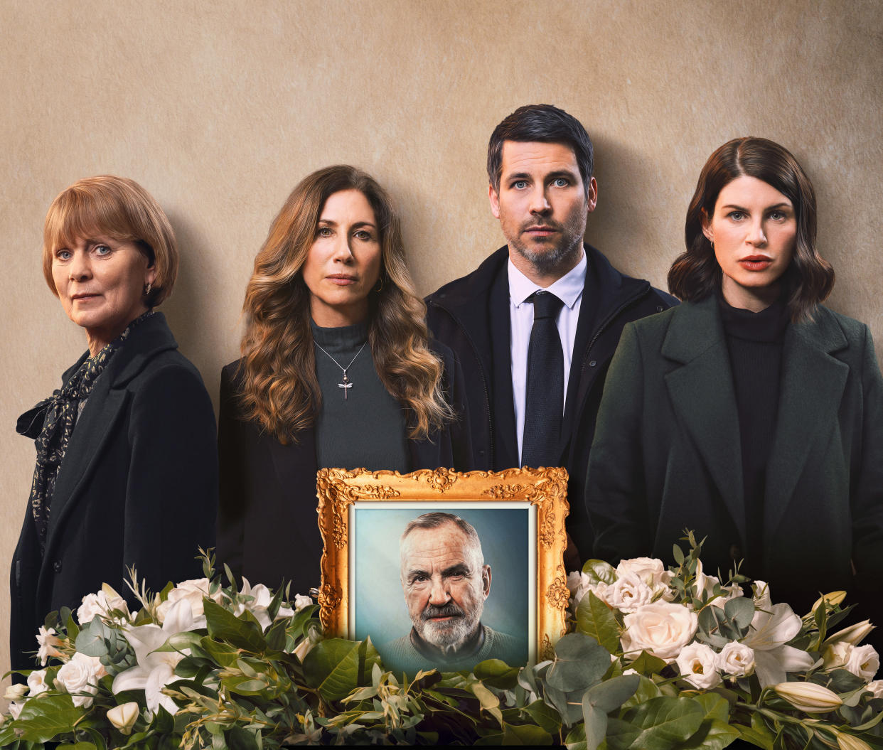  The Inheritance on Channel 5 stars Rob James-Collier, Jemima Rooper and Gaynor Faye as three siblings alongside Samantha Bond as Susan and Larry Lamb pictured as their late father.. 