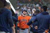 Houston Astros' Kyle Tucker celebrates his home run against the Detroit Tigers in the sixth inning of a baseball game, Friday, May 10, 2024, in Detroit. (AP Photo/Paul Sancya)