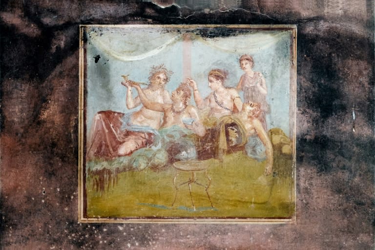 Fresco in the House of the Chaste Lovers, a rich baker's home, with garden, stables, mill and a sumptuous fresco of a tender kiss, in the ancient Roman city of Pompeii