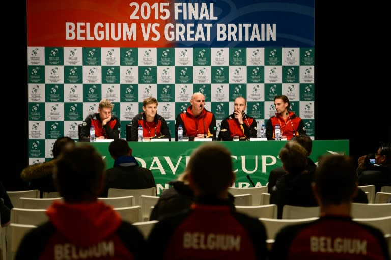 (L-R) Belgian Davis Cup team: Kimmer Coppejans, David Goffin, team captain Johan Van Herck, Steve Darcis and Ruben Bemelmans during a press conference on November 24, 2015, at Flanders Expo in Gent