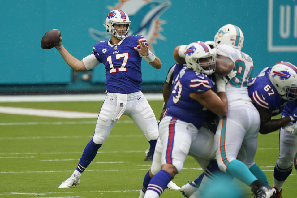 Buffalo Bills quarterback Josh Allen (17) looks to pass, during the first half of an NFL football game against the Miami Dolphins, Sunday, Sept. 20, 2020 in Miami Gardens, Fla. (AP Photo/Wilfredo Lee)