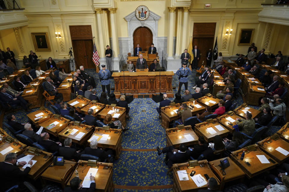 New Jersey Gov. Phil Murphy delivers his State of the State address to a joint session of the Legislature at the statehouse in Trenton, N.J., Tuesday, Jan. 10, 2023. (AP Photo/Matt Rourke)