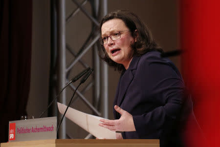 Andrea Nahles of Social Democratic Party (SPD) delivers a speech during the traditional Ash Wednesday party meeting in Schwerte, Germany February 14, 2018. REUTERS/Leon Kuegeler