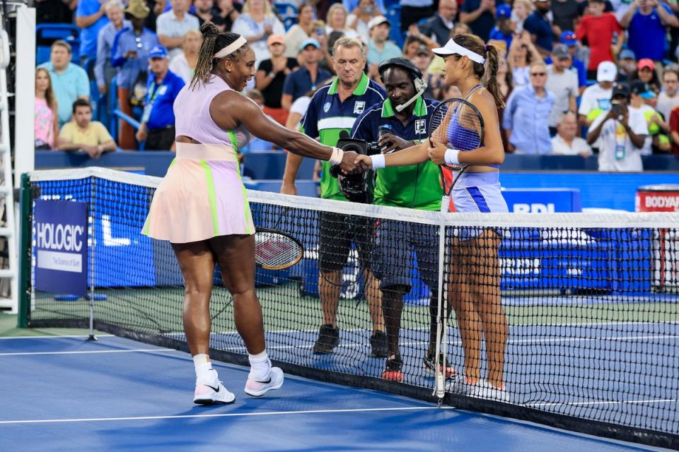 Emma Raducanu (right) defeated Serena Williams in Cincinnati (Aaron Doster/AP) (AP)