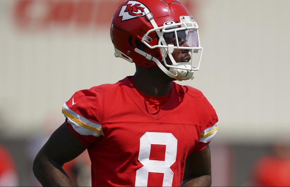 KANSAS CITY, MISSOURI – JUNE 13: Justyn Ross #8 of the Kansas City Chiefs during Chiefs Mini Camp on June 13, 2023 at Arrowhead Stadium in Kansas City, Missouri. (Photo by Kyle Rivas/Getty Images)