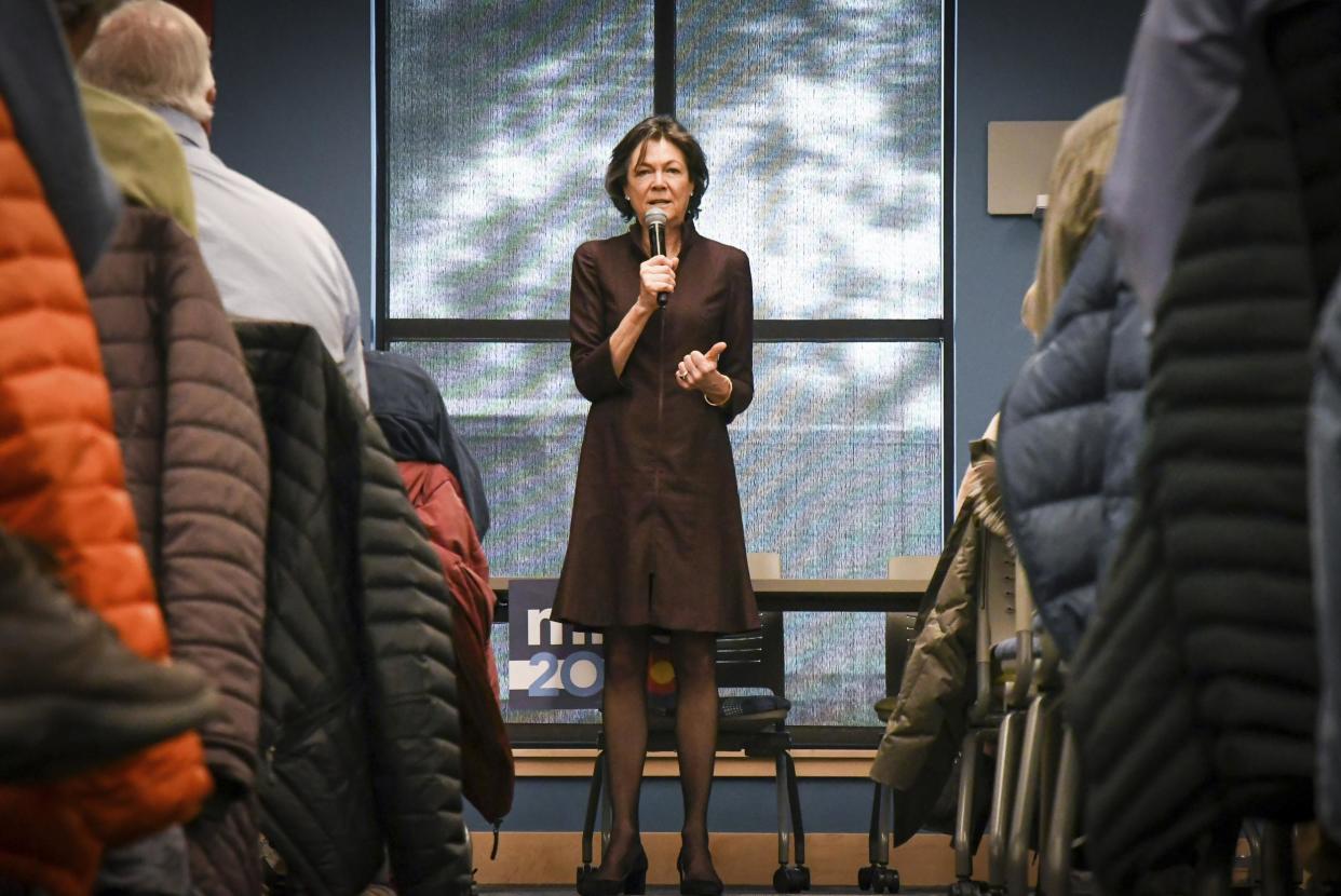 Diana Taylor, the girlfriend of Democratic Presidential candidate Mike Bloomberg. speaks about Bloomberg ahead of the presidential primary at the Morgridge Commons in Glenwood Springs, Colorado, on 17 February: (Chelsea Self/Glenwood Springs Post Independent via AP)