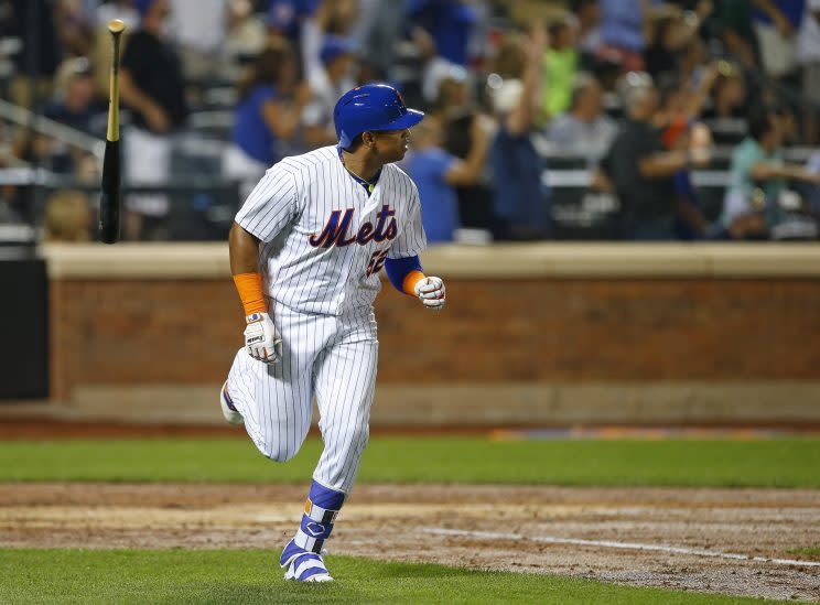 Yoenis Cespedes hit his second career walk-off home and celebrated appropriately. (Getty Images/Rich Schultz)