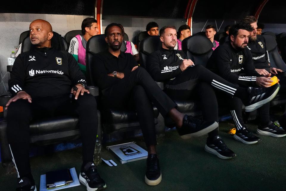 Coach Wilfried Nancy, center, said the Crew wasn't in "a normal state" against CF Pachuca in the Champions Cup Final due to food poisoning that affected nearly the entire team.