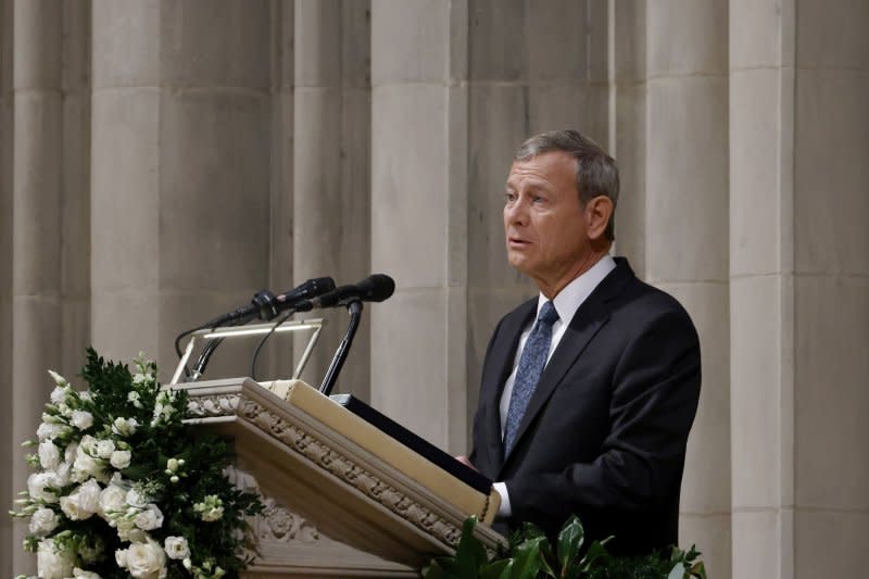 Supreme Court Chief Justice John Roberts speaks at the funeral service for former Supreme Court Justice Sandra Day O'Connor at the National Cathedral in Washington, DC, on December 19, 2023. O’Connor, who was the first woman to serve on the court, died December 1 at the age of 93. Photo by Ting Shen/UPI