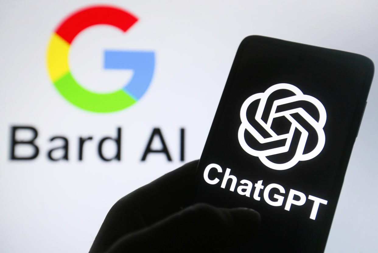 An image of tech giant Google's Bard logo and ChatGPT on a silhouette of a phone.