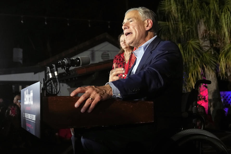 Texas Gov. Greg Abbott speaks during an election night party Tuesday, Nov. 8, 2022, in McAllen, Texas. (AP Photo/David J. Phillip)