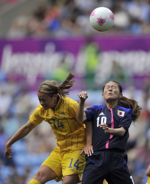 Homare Sawa of Japan and Johanna Almgren of Sweden during the Women's Football first round Group F Match between Japan and Sweden on Day 1 of the London 2012 Olympic Games at City of Coventry Stadium on July 28, 2012 in Coventry, England. (Photo by Francis Bompard/Getty Images)